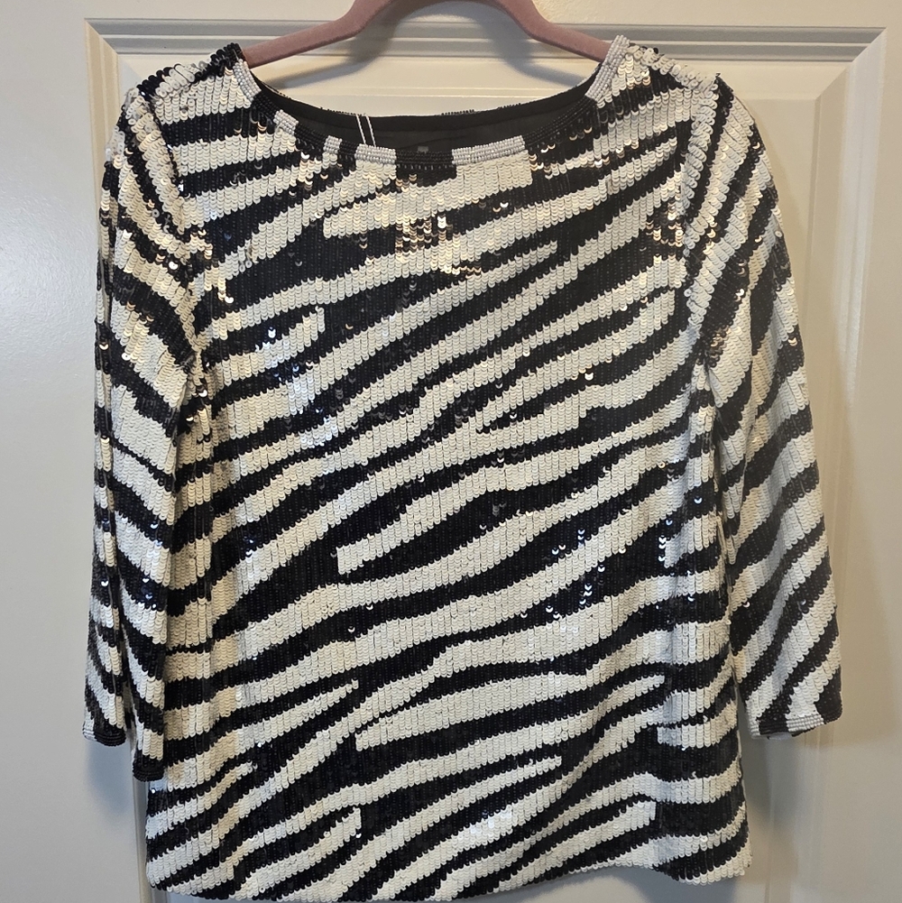 Trina Turk Manelli Black and White Sequin Striped Blouse NWT Zebra Print Sz XS
